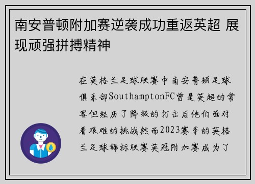 南安普顿附加赛逆袭成功重返英超 展现顽强拼搏精神